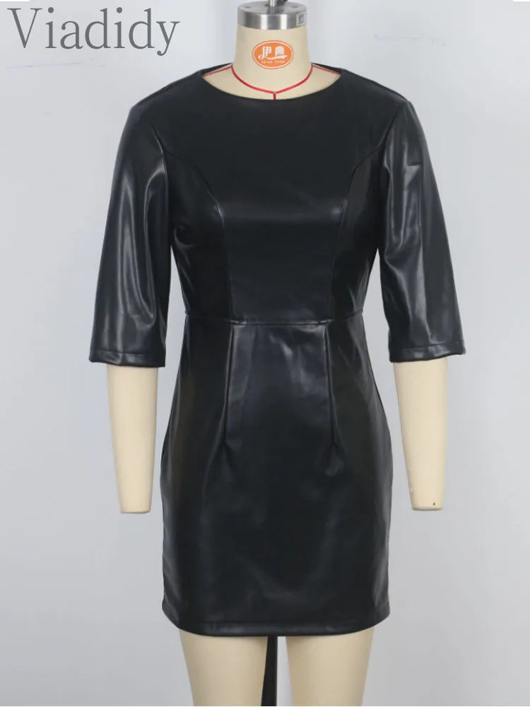 🍒Faux leather mini dress round neck designs three quarter sleeve outfit black party women solid colour clothing fashion bodycon club wear occasion wear Look Leather