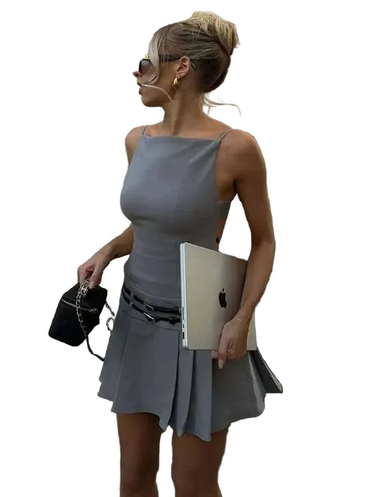🍒Women's pleated mini dress backless square neck design with belts spaghetti straps low waist solid colour summer chic clothes party occasion wear Bag A Bargin Backless