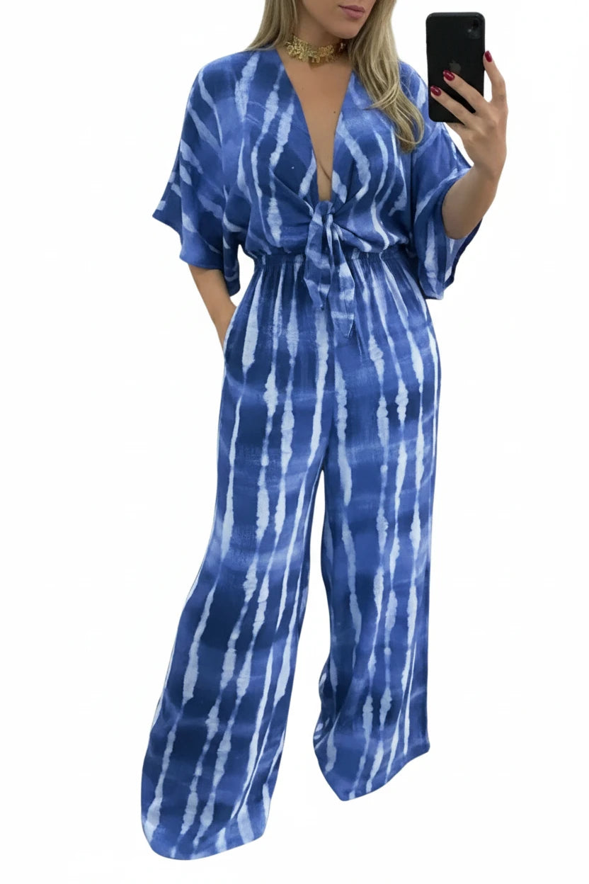 🍒Women's Jumpsuits tie dye Summer relaxed outfits casual clothing for ladies v-neck one piece tie bow fashion loose wide leg Jumpsuit rompers S-XXXL tye this tie Into Your style