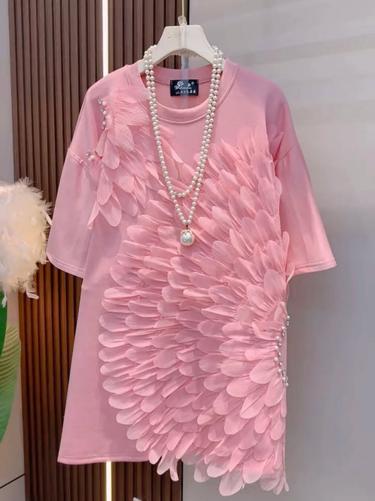 🍒Womens clothing oversize Spring summer clothing t-shirt dress 3D floral loose fashion tees unique chic super short-sleeve top Pick A Sun-flower