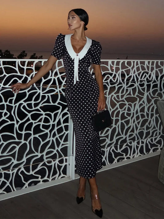 🍒Dot printed dress short sleeve womens clothing fashion wear midaxi dress outfit smart casual clothes v-neck