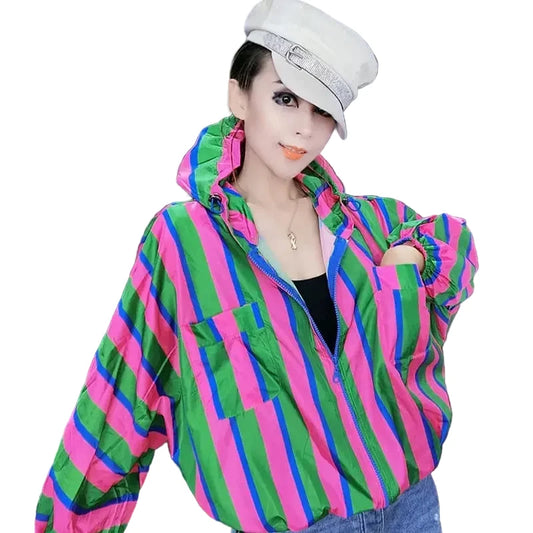 🍒Hooded windbreaker Jacket women streetwear long sleeves spring top quick drying Y2k striped clothing fashion casual bomber women Swipe Right To This Right Stripe