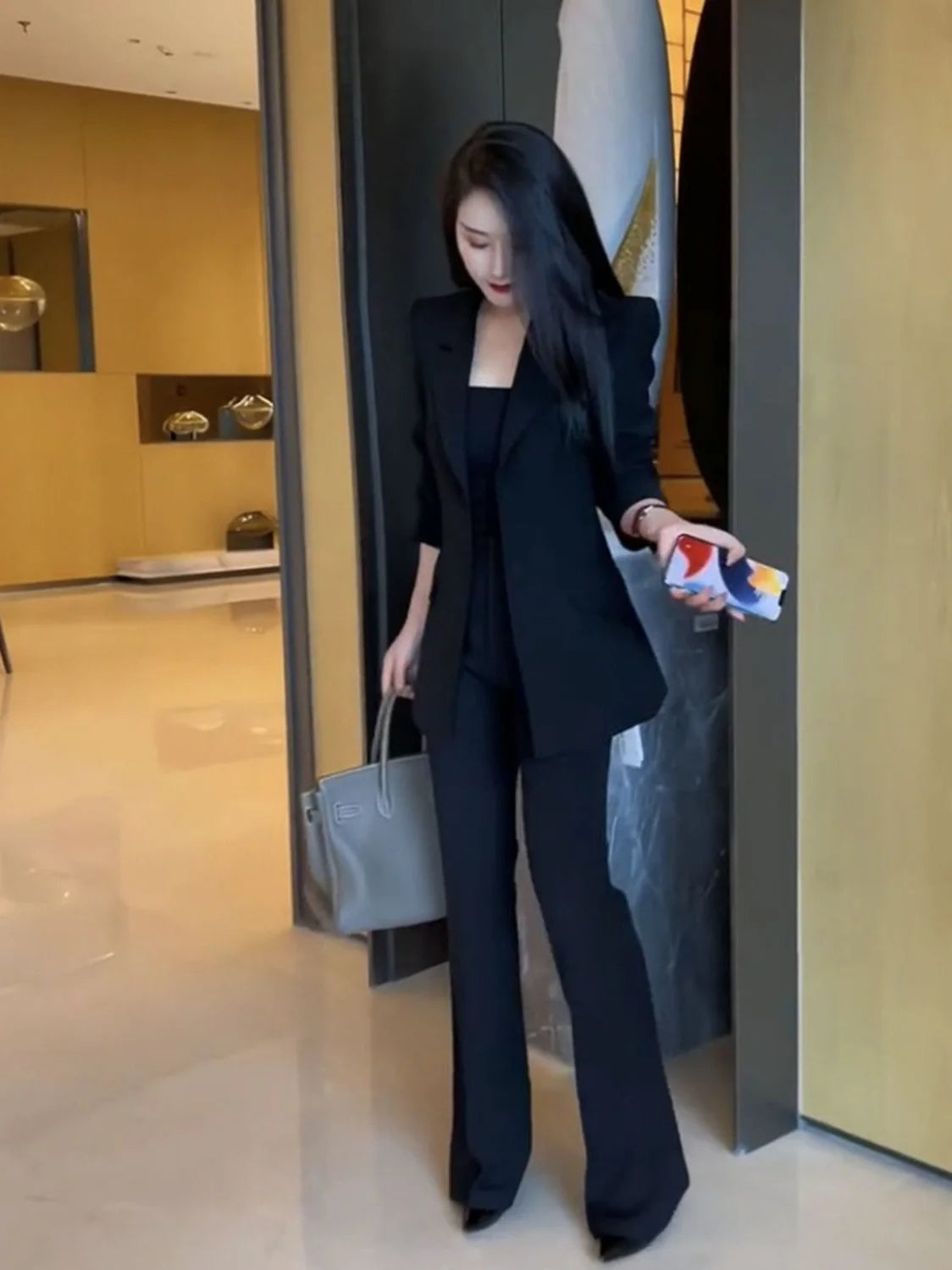 🍒Blazer and pant sets two piece wear to work suits flared trousers office professional outfits black smart casual attire for women Acquire Attirre