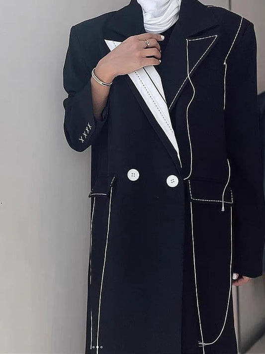 🍒 Colour contrast coat with lapel collar long sleeve overcoat for women with straight patchwork pockets casual spring coat female fashion wear Collar Cool Contrast