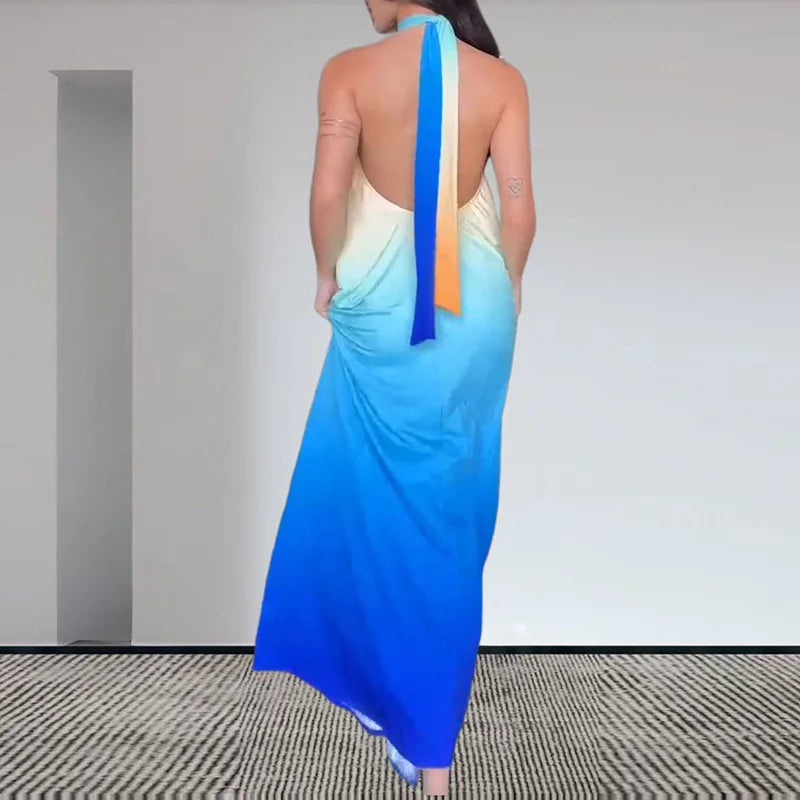 🍒Sleeveless gradient dress Printed evening summer party wear loose tie up halter outfit backless maxi pleated high waist dress Set Your Sight On A Sunset
