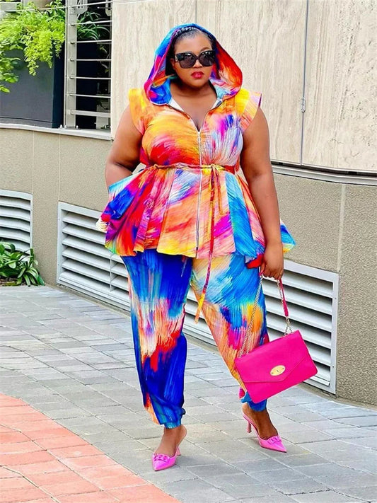 🍒Plus size two piece women colourful party outfit tie dye sleeveless hoodie set casual loose top and pants matching set beach party clothes holiday wear Get TIEd to Colour I know Your DYEing To