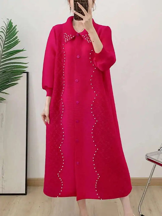 🍒Pleated dress for women spring high-end occasion wear lapel coat outfit loose beaded long sleeve maxi elastic female fashion 6R5109