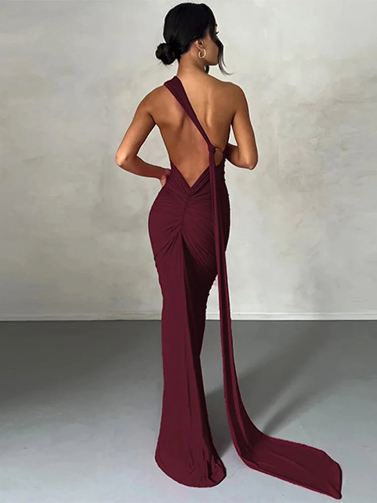🍒One shoulder sleeveless dress backless maxi neon Y2K occassion outfits for women ruched maxi dress clubwear birthday clothing party evening wear prom frock No BODY Will Be CROSS with this