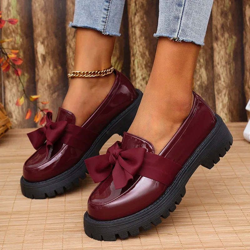 🍒Bow shoes for women's smart casual platform loafers fashion wine red patent leather footwear comfort slip on flat pumps plus size available Bob Along Bows