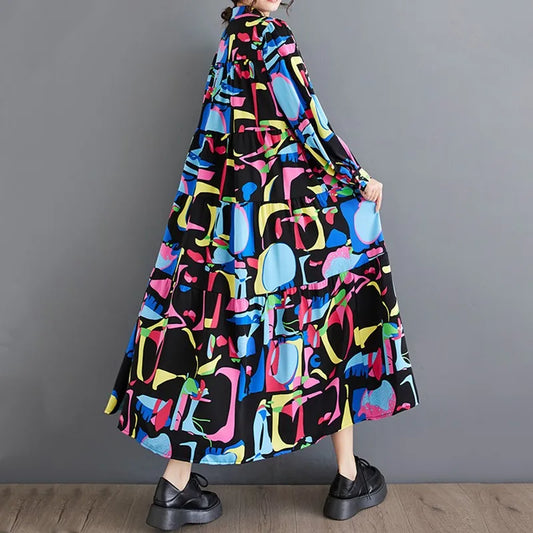 🍒Oversized vintage dress floral women casual loose autumn spring summer wear outfit midi length elegant long sleeve clothing fashion smart casual clothes Colour Cool