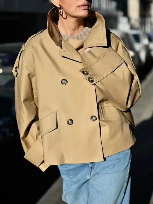 🍒Vintage double breasted trench commuter coat women loose long sleeve Jacket spring autumn elegant stand collar outerwear