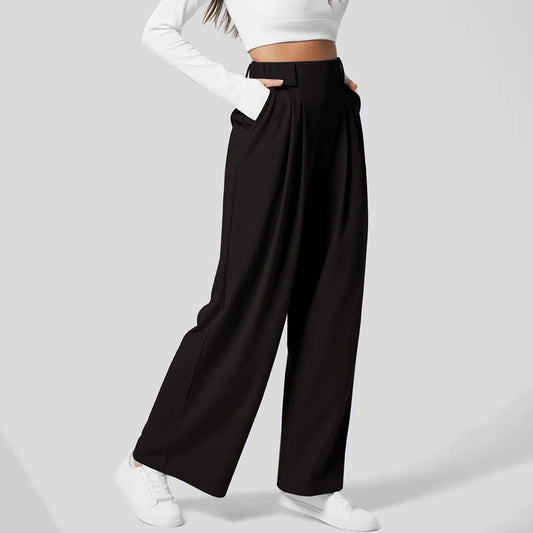 🍒Straight fit high rise trousers fashionable smart casual women loose solid colour wide leg pants Solid Slick Staples