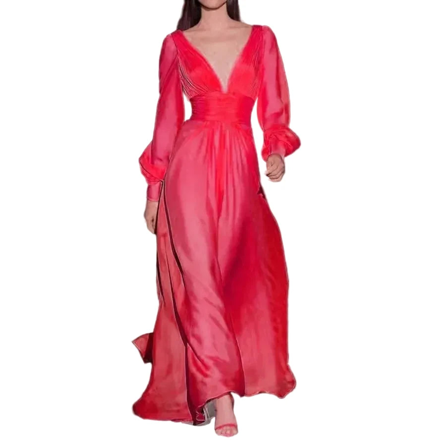 🍒Women's party dress elegant engagement evening party dresses v-neck long sleeve floor length outfit with long sleeves and ruched pleats chiffon occasion fashion wear This Strawberry And Lemon Will Grow To Be Your Favourites