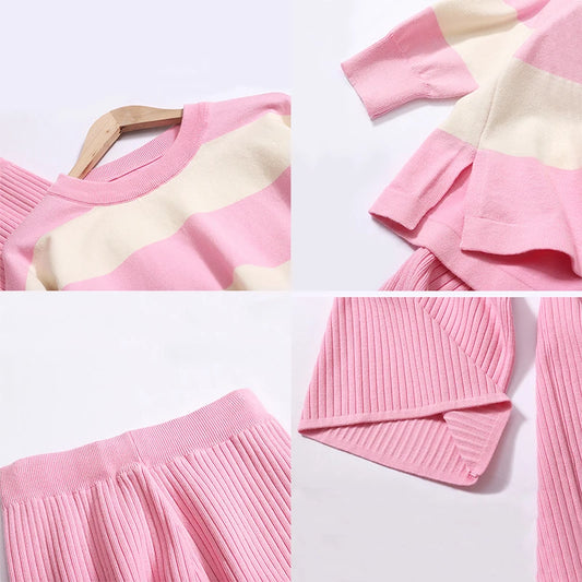 🍒Summer two-piece sets women’s contrast Colour striped top o-neck long sleeve plus casual high waist wide leg pants Suit Yourself With Stripes