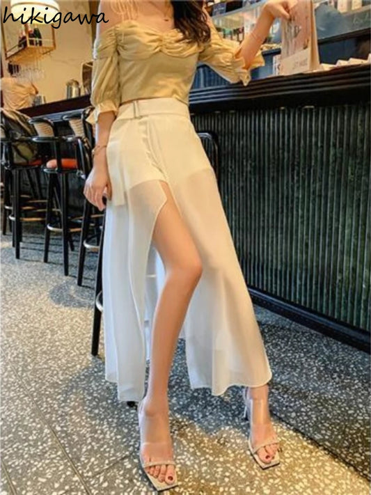 🍒White chiffon skirt maxi fashion mixed media for Women temperament summer high waist mesh fashion chic patchwork inner and outer mesh occasion party wear Not Short Of Transparency