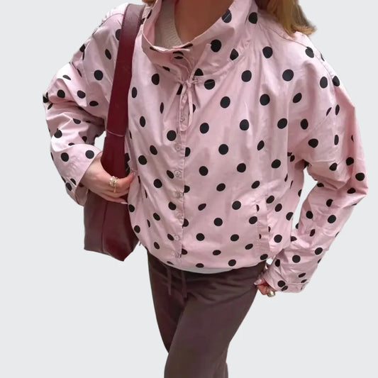 🍒Polka dot fashion pink Jackets spring/summer clothing printed loose cover up jacket top with stand collar chic casual clothing with drawstring detail Bring Spring Sweet Thing