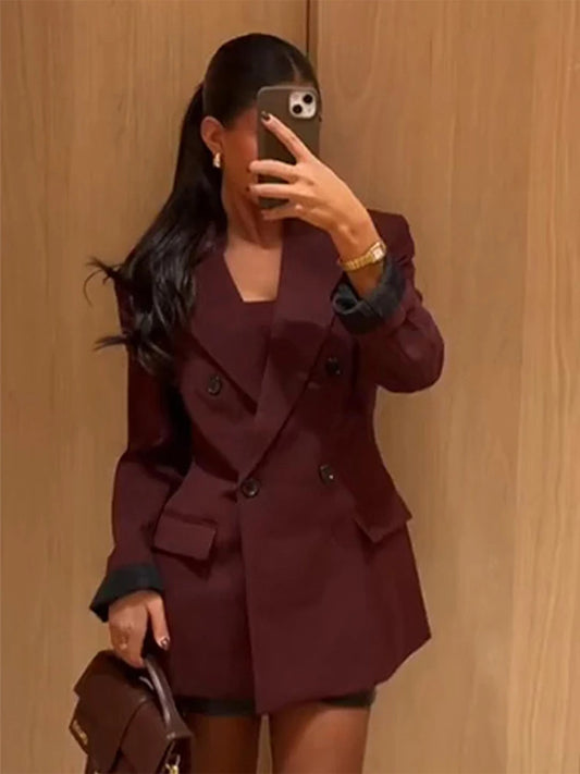 🍒Wine red blazer women's double breasted Jacket elegant suit coat female lapel long sleeveb outerwear officewear solid-fashion Its Time For Wine