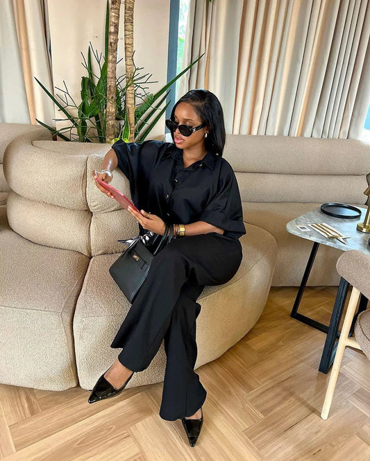 🍒Black two piece set outfit summer women half sleeve button down shirt and wide leg pants suit summer office wear party occasion wear AND drink RUM in this BLACK
