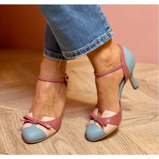 🍒Round toe women's pumps sweet female pumps mid heel pumps 6cm buckle strap shoes with bows on them mixed Colour size 34-43 smart casual footwear for occasions clubbing footwear Click The Button And Click Your Heels