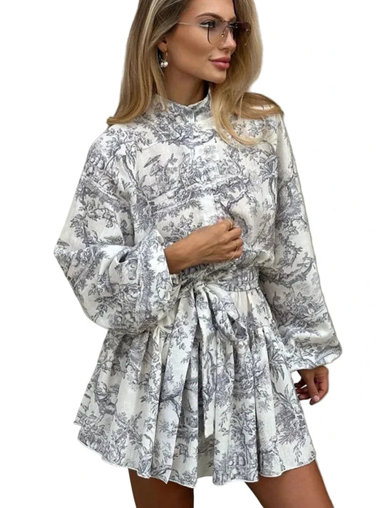 🍒Printed mini dress long sleeve clothes for hot weather o-neck outfit a line flare short china print smart casual female clothes fashion beach party wear holiday wear Drink Cocktails In Your China