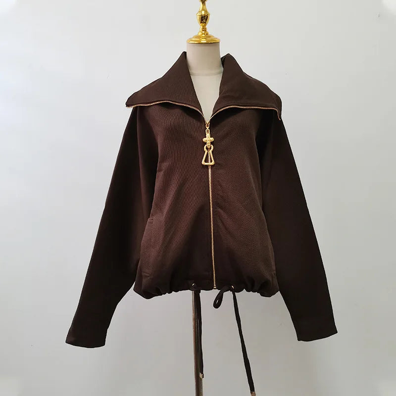 🍒Oversized zipped coat women's fashion solid color long sleeve casual drawstring jacket black designer style spring autumn clothing Big Up To Oversized Cool