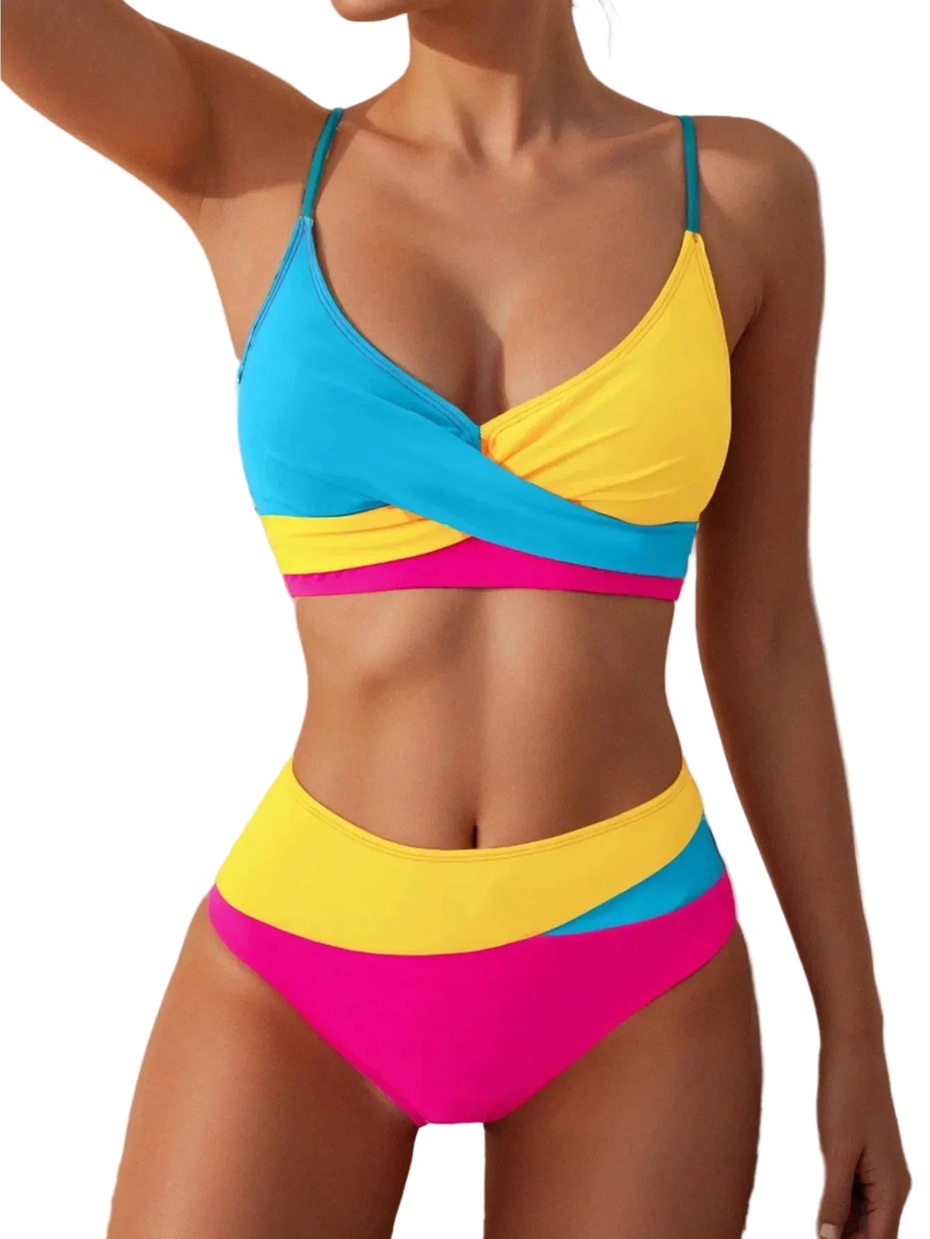 🍒Patchwork two piece swimsuit for women high waist bikini v-neck adjustable suspender type spaghetti strap backless swim set summer beach Vacation Swimwear Drink Fruities In Your Fruity