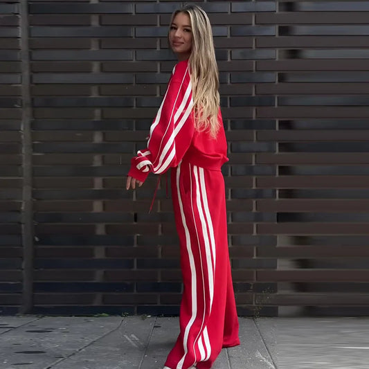 🍒Women two piece pant sets stripe sleeve sweatshirt loose v-neck top and wide stripe leg trousers sporty crop top tracksuit summer autumn wide leg pants with drawstring waist Sport A cheerful Cherri