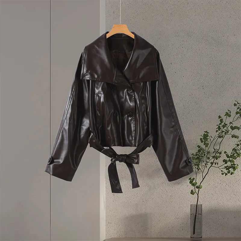 🍒faux leather women coat with lapel long Y2K solid belt and pocket long sleeve pu trench fall winter outwear female Faux Fans Fast Forward