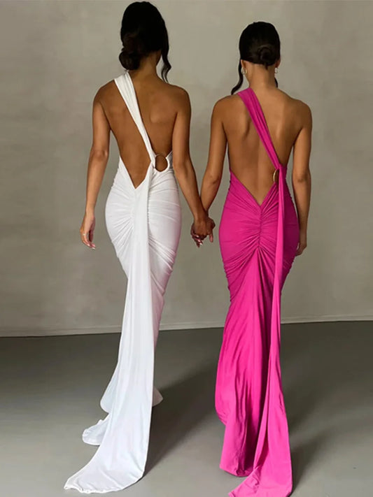 🍒One shoulder sleeveless dress backless maxi neon Y2K occassion outfits for women ruched maxi dress clubwear birthday clothing party evening wear prom frock No BODY Will Be CROSS with this