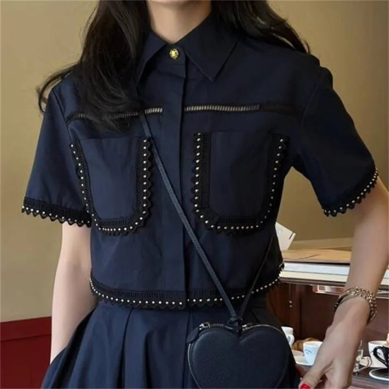 🍒Summer shirt for women smart casual wear beading short sleeve crop top button up shirt beach party wear summer party wear holiday clothes (matching skirt also available) White Their When You Need It