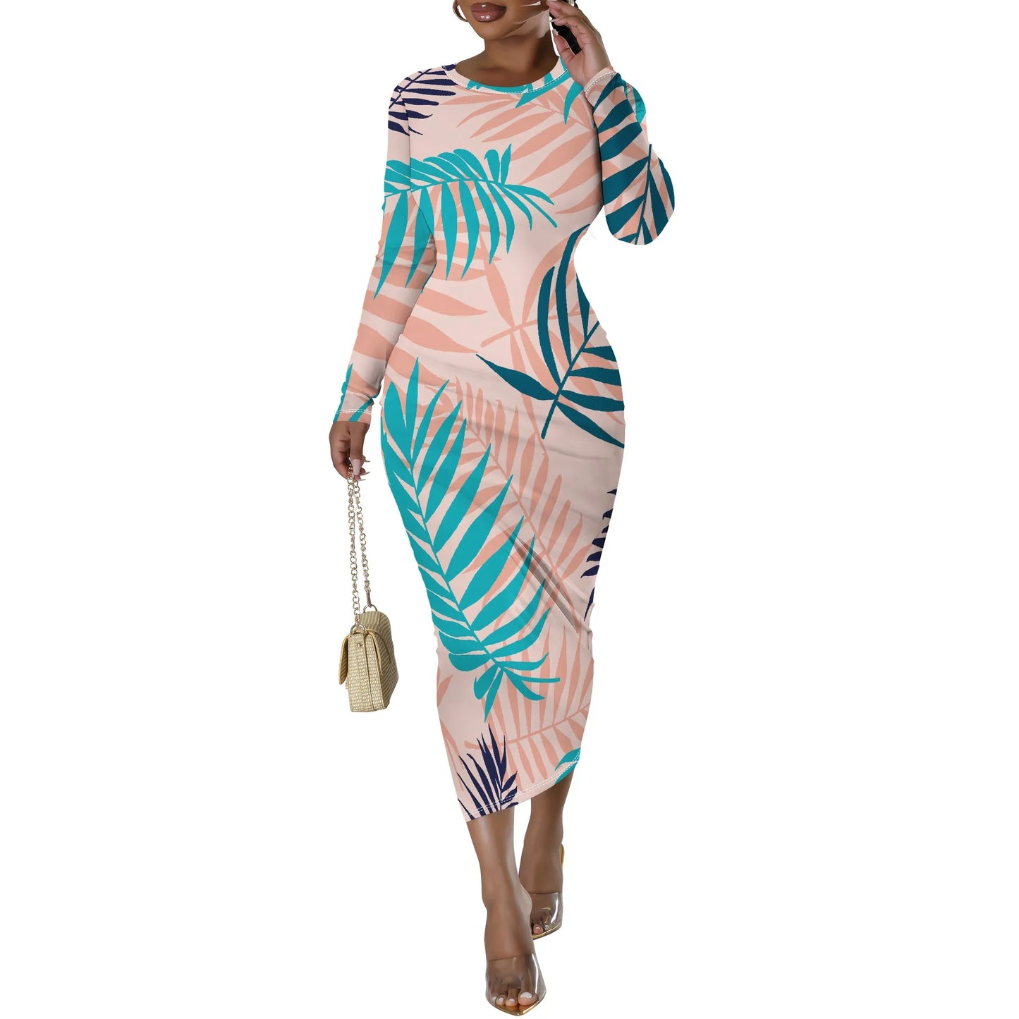 🍒Floral print dresses for women o -neck long sleeve fashion stretchy summer clothes fitted bodycon midi smart casual You Won't Want To Leaf This Dress Alone