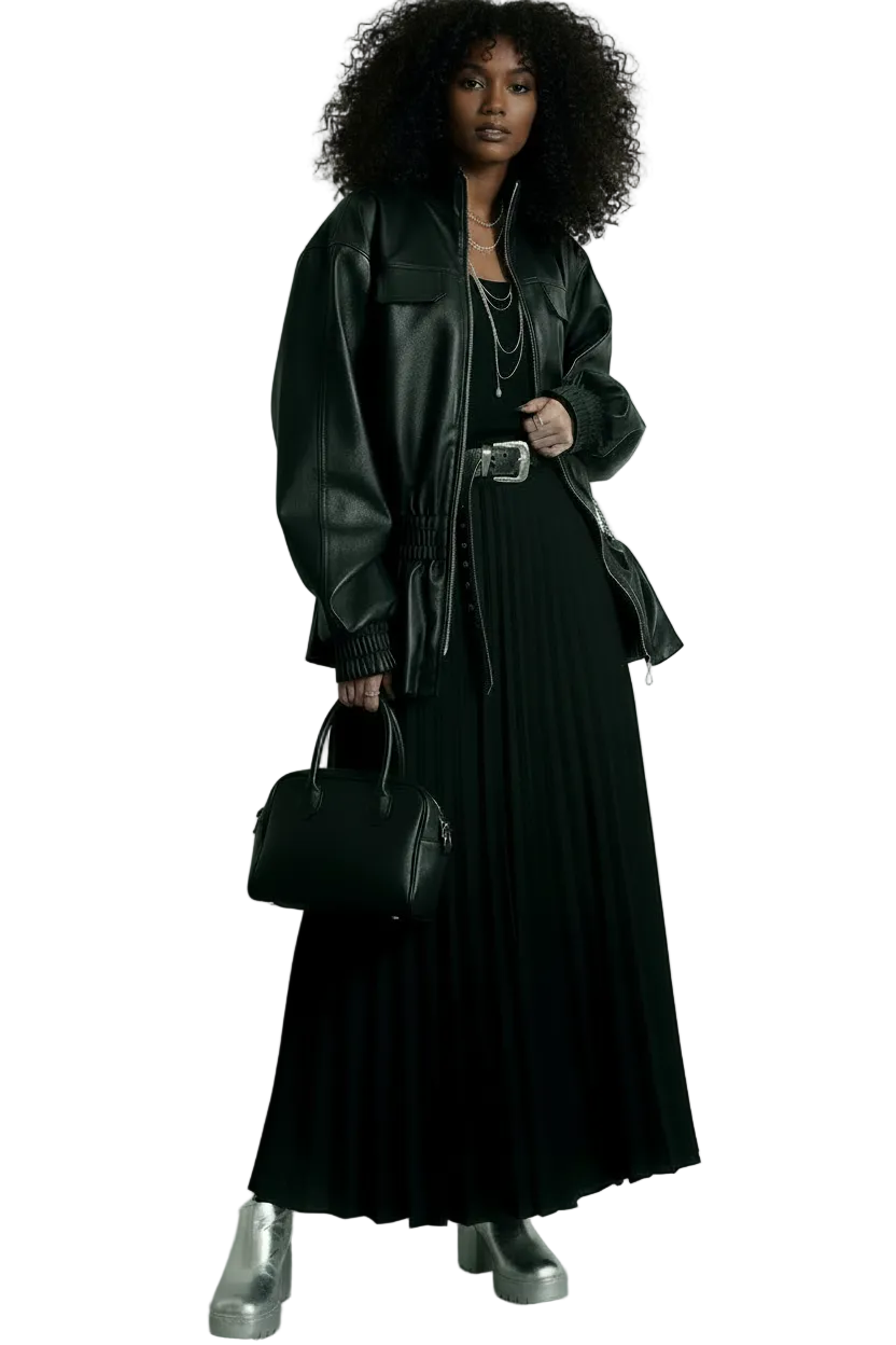 🍒Black pu leather jacket elastic waist ruffle hem coat with elasticated waist for women long sleeve loose fit fashion autumn spring female smart casual outerwear EXPAND Your look with This ELASTICATED waist