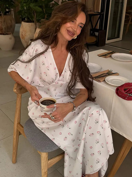 🍒Summer printed v-neck dress with flower print womens fashion slim fit waist short butterfly sleeve long summer outfit with short sleeves high waist office wear cute comfy casu classy