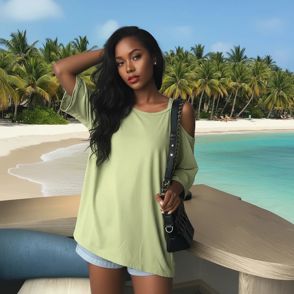 🍒Cold shoulder t-shirts women plain tops sphagetti straps Y2k clothing fashion tees female casual clothes Grow Your Carrots And Peas its black and white
