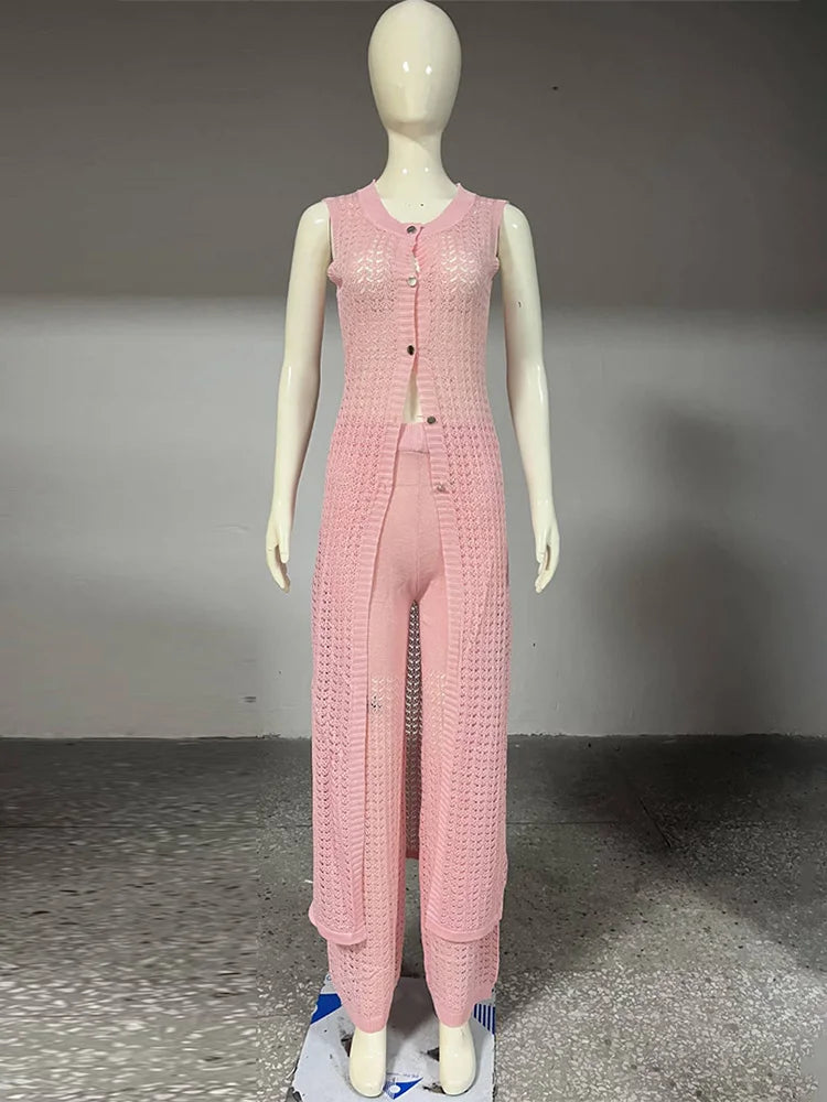 🍒Knit dress set womens summer wear mesh long cardigan cover up dress plus knitted high waist pants 2 piece set casual wear beach wear Cheerful Chalks
