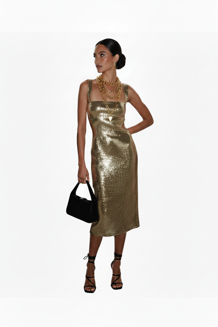 🍒Square neck maxi dress long women sleeveless backless outfit sequin smart casual women ladies Party wear occasion clothing Show Off Shiny