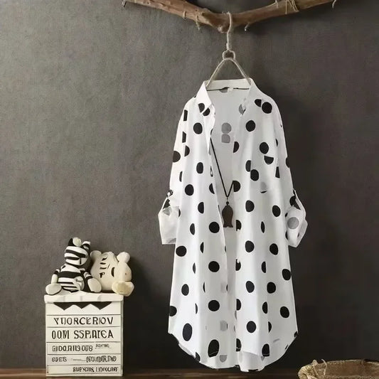 🍒Plus size polka dot shirt chic classic button up long sleeve outfit design dress stylish comfortable female fashion casual wear Get Spotted In These Dots