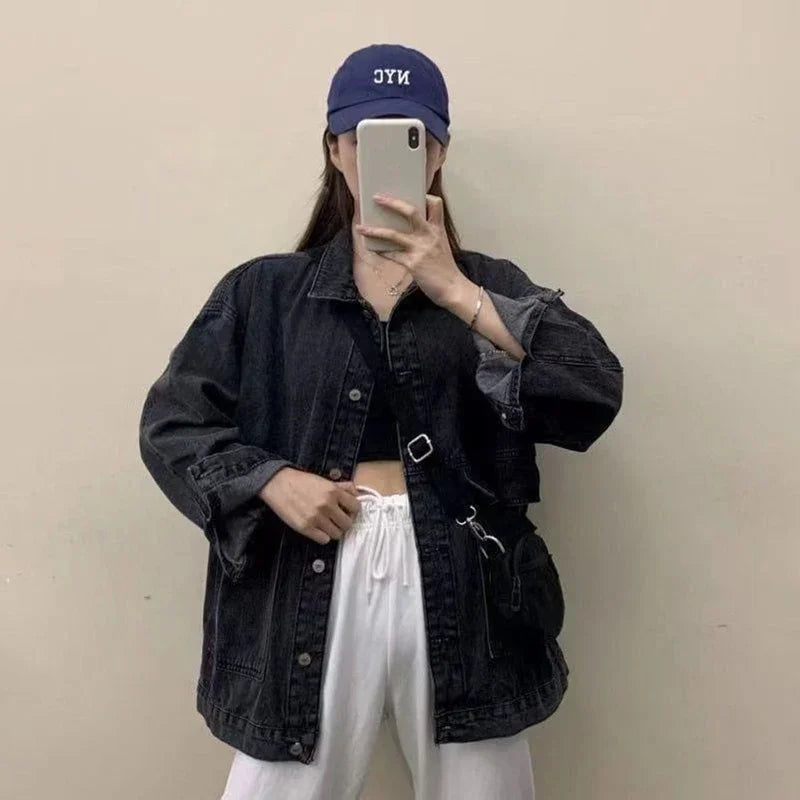 🍒Womens denim Jacket long sleeve Jeans jacket with big pockets Bf unisex buttoned outerwear casual clothing Do Your Day Denim