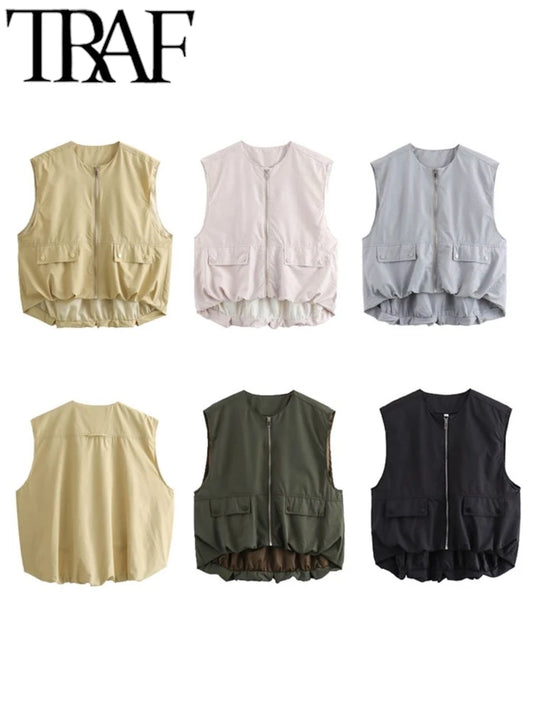 🍒Cargo style vest oversized light jacket o neck spring zipper pocket waistcoat female fashion crop top Y2K casual clothes Spring To This Zipper