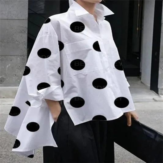 🍒Long sleeve polka dot shirt cotton Button Up high low blouse designer style clothing holiday wear chic fashion wear for women black and white fashion Delightful Dots