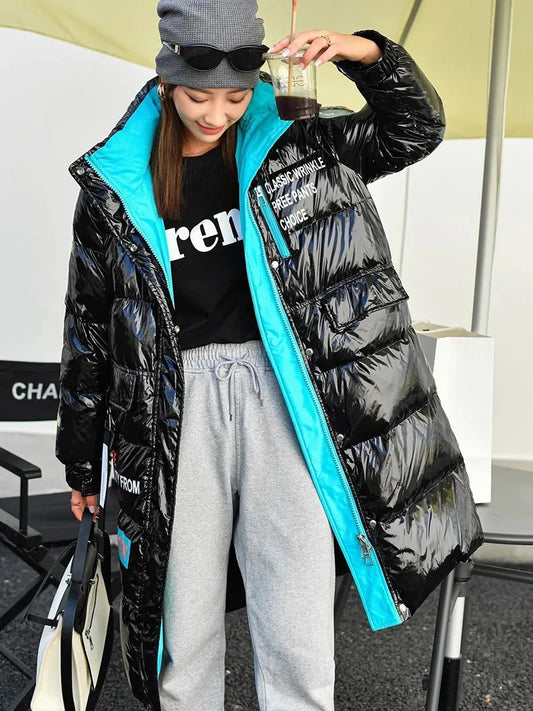 🍒Down cotton Jacket long for women hooded zipper coat winter snow thick warm outerwear Female shiny puffer Get Down Town Down
