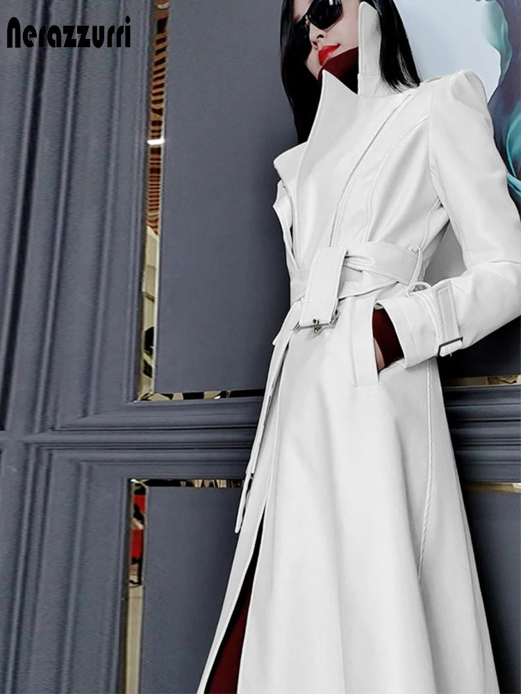 🍒Leather trench coat fashion long jackets women long sleeve outerwear designer party wear coat White Out Of The Catwalk