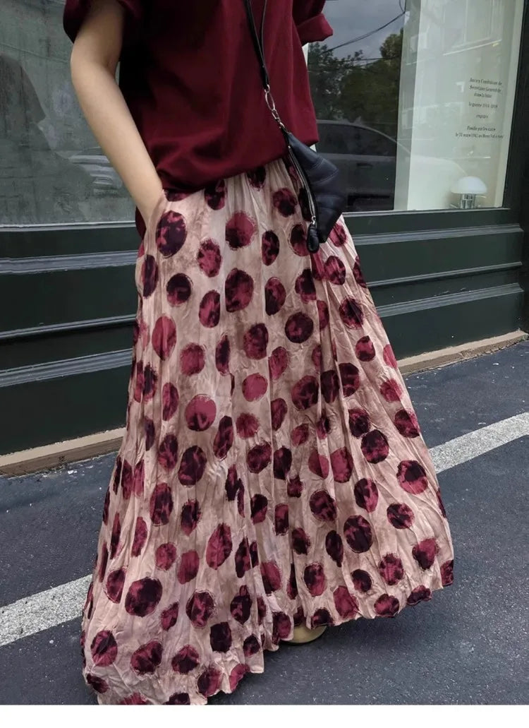 🍒Spot maxi skirt high waisted holiday beach wear women fashion a-line print tie dye style smart casual summer clothing Spacious Spot On Skirt