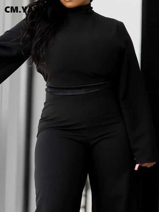 🍒Fashion women set flare long sleeve top stand collar blouse and wide leg pants two piece sets outfits with trousers smart casual clothing Jack Up Black