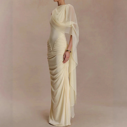 🍒Mesh draped dress solid color outfits o/neck high waist chiffon evening gowns occasion wear maxi shawl dress Rome-mantic