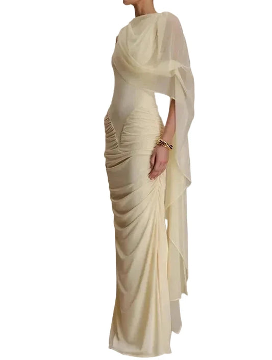 🍒Mesh draped dress solid color outfits o/neck high waist chiffon evening gowns occasion wear maxi shawl dress Rome-mantic
