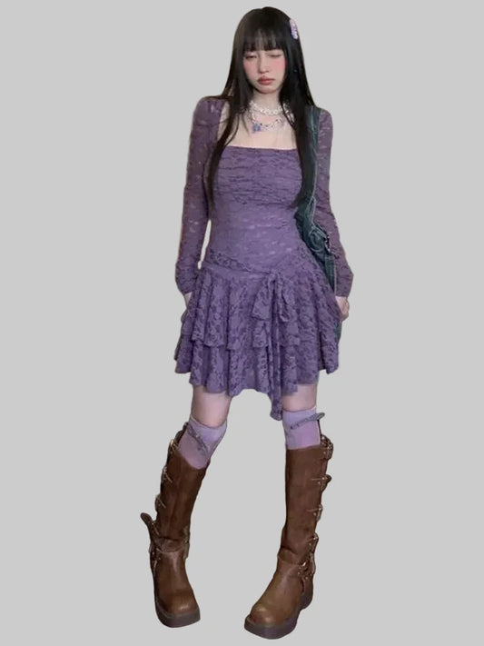 🍒Square neck mini dress solid color lace causal outfit for women slim waist tunic sleeve Y2k aesthetic fashion summer wear elegant smart casual clothing Get Laced In Purple