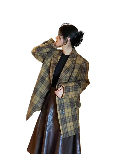 🍒Womens brown blazer vintage wool plaid Jacket autumn winter british style trendy eye catching yellow check coat long sleeve female smart casual clothing Chunky Check Charm