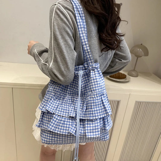 🍒Fashion ruffles check womens drawstring shoulder bag girls commuter womens simple shoulder bag tote bag large capacity handbags