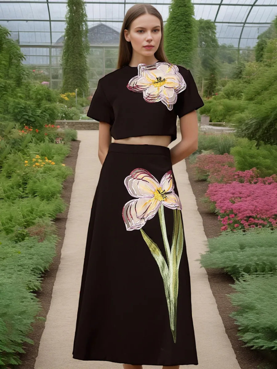 π3d flower skirt and top set womens two piece outfits slit back crop top and high waist a-line skirt smart casual wear female Every Body Loves A Flower